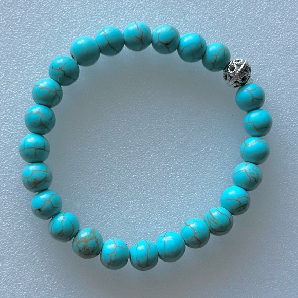 Dyed Howlite Stretch Bead Bracelet with Silvertone Accent Ornate Bead - Picture 2 of 5